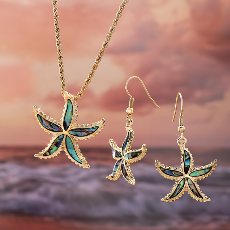 Women's Abalone Starfish Necklace & Earrings Set